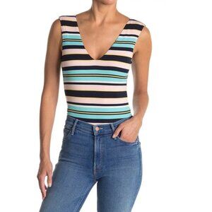 NEW Nordstrom AFRM Striped Bodysuit Double‎ V Mooni Light Pastel Pink Blue NWOT